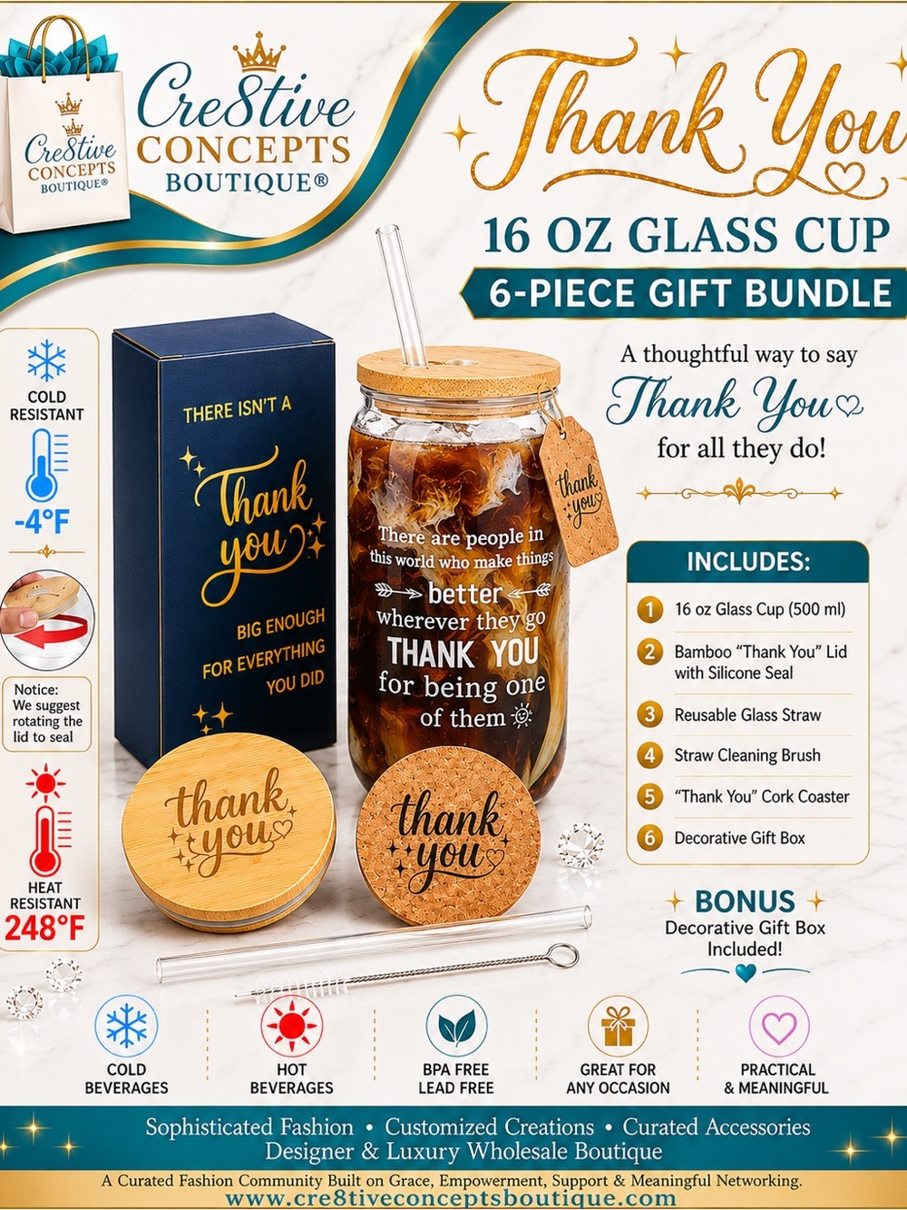 Appreciation 16oz Glass Thank You Cup 6-Piece Gift Bundle Set with Bamboo Lid